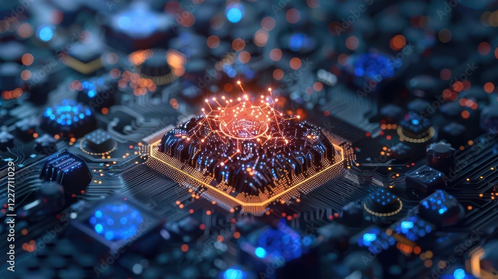 Poster close-up view of a glowing microchip with intricate circuitry and vibrant light effects