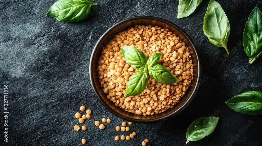 Poster golden lentils garnished with fresh basil leaves on a dark slate surface surrounded by green leaves 