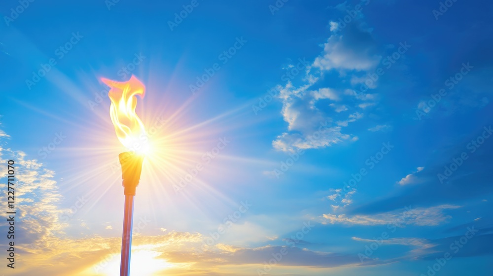 Poster vibrant blue summer sky with sunlight flaring from a torch against a backdrop of clouds and empty sp