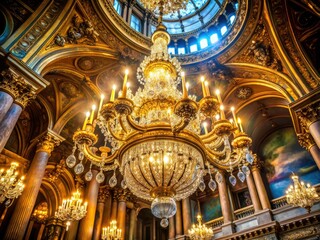 Obraz premium Crystal chandeliers illuminate a gilded opera house's opulent interior, a stunning photographic landscape.