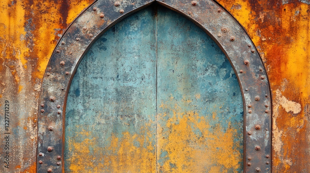 Poster Rusted metal arch with blue and orange patina creating a rustic abstract background for creative design projects