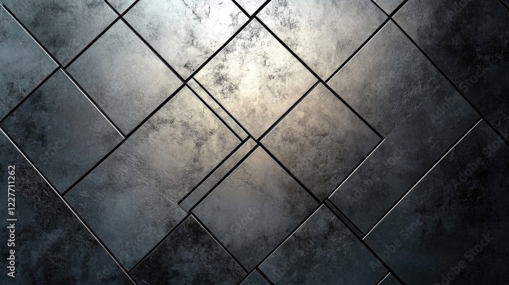 Poster Shiny metallic tiled surface with diagonal square patterns contrasting against a textured cement wall in an urban environment