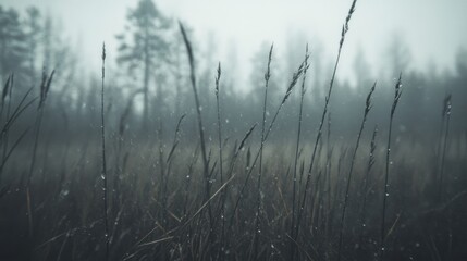 Obraz premium Misty morning dew on grassy landscape foggy forest nature serene environment close-up view tranquility and calmness