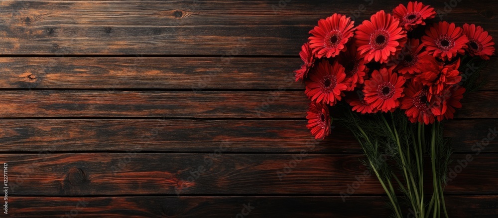 Aufkleber red gerbera flower bouquet on rustic wooden background ideal for spring and summer themes with ample