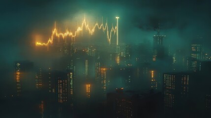 Obraz premium Luminous stock market chart dominates the night sky above a futuristic cityscape shrouded in fog, creating a dramatic visualization of financial trends and urban innovation