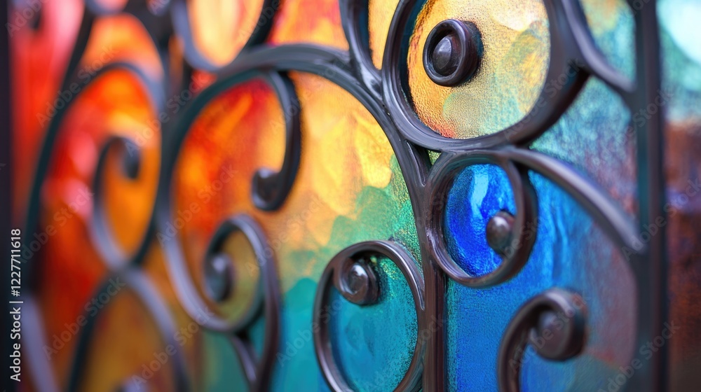 Poster vibrant close-up of decorative zinc fence showcasing intricate swirling patterns and colorful glass 