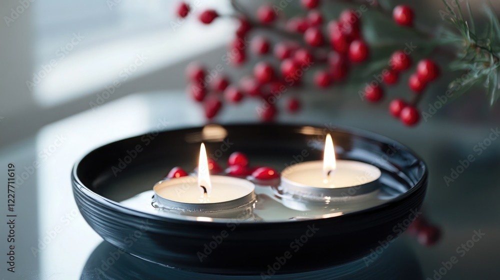 Aufkleber serene holiday scene featuring floating candles and red berries in a decorative holder for a festive
