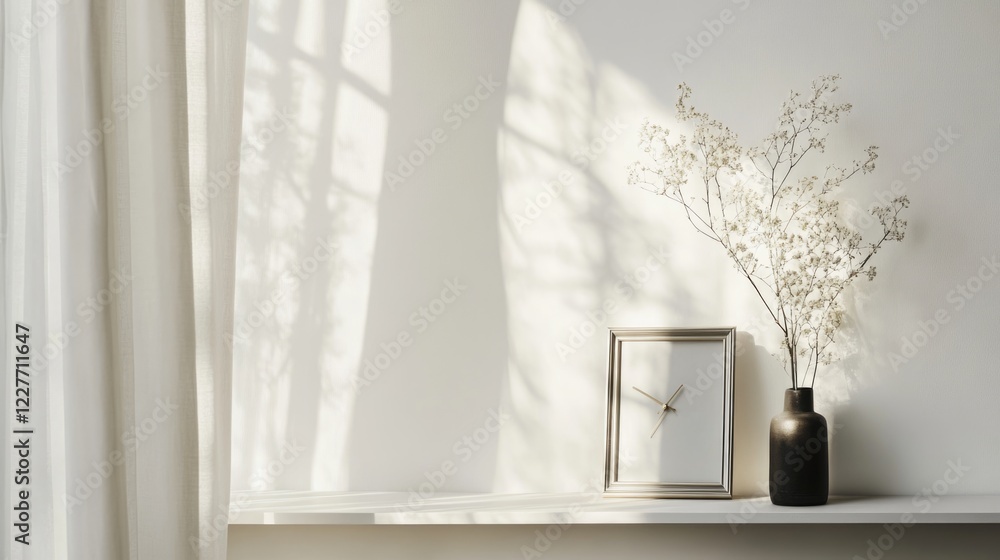 Poster elegant silver framed clock displayed on minimalist shelf with decorative vase and soft natural ligh