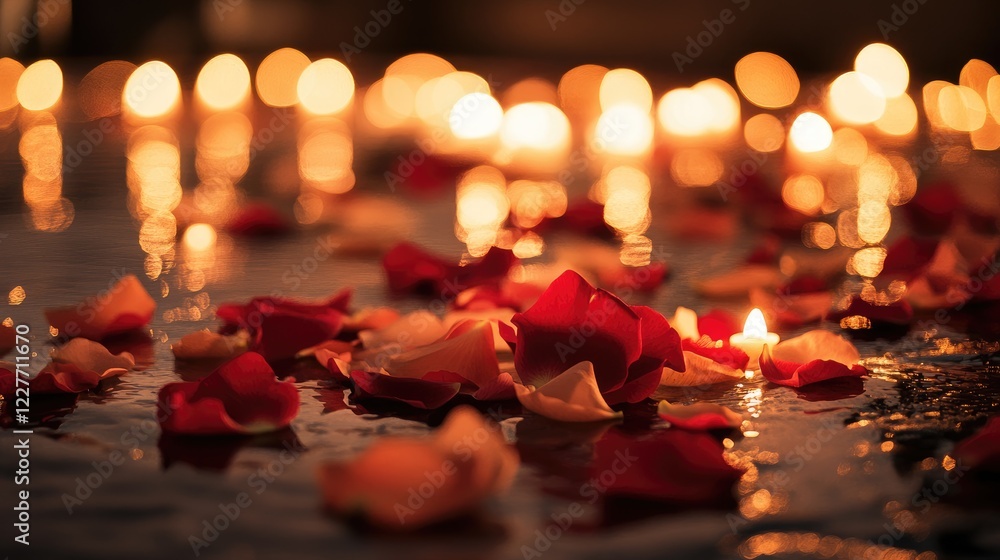 Poster romantic setting with glowing candles and scattered flower petals creating an intimate and serene at