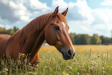 Obraz premium Chestnut horse enjoying a peaceful day in a wildflower meadow
