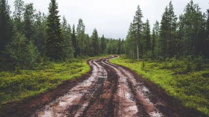Fototapeta premium Exploring a winding dirt road in a serene forest nature outdoor environment captivating landscape view