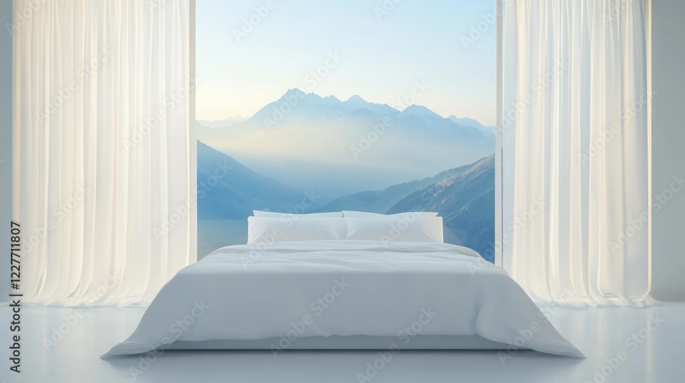 Aufkleber minimalist bedroom design featuring a white bed with expansive mountain views through large windows 