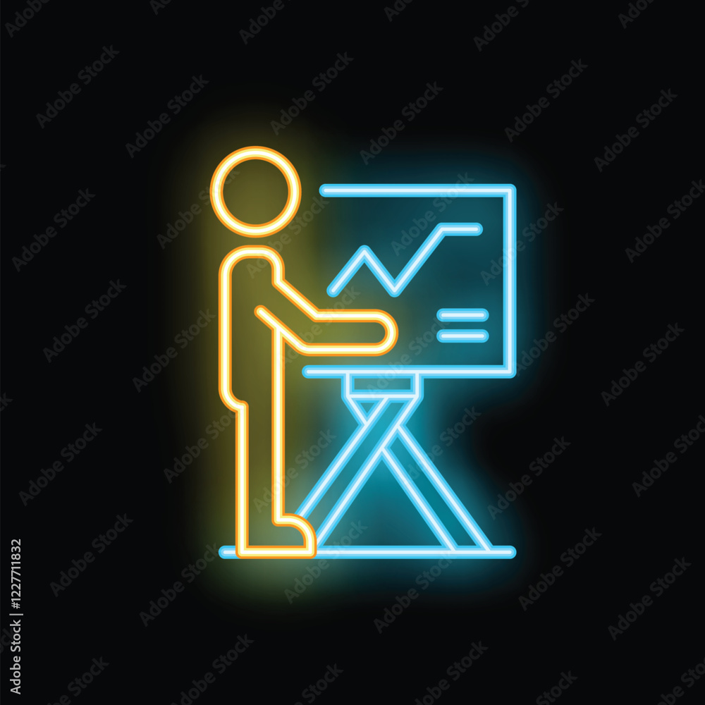 Poster neon glowing icon of a businessman making a presentation by pointing at a flip chart with statistics