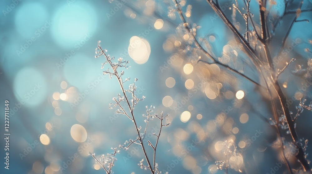 Poster soft blue bokeh background with delicate circular lights and nature elements for a romantic atmosphe