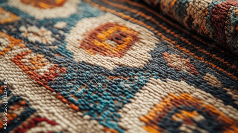 Poster Textured vintage carpet with colorful geometric patterns featuring muted tones and ample empty space for text or design elements.