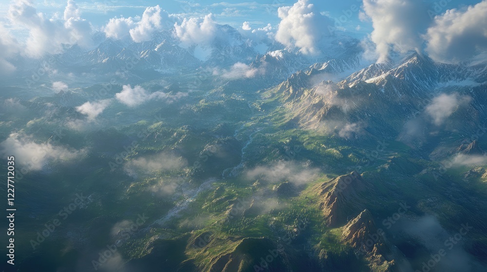 Poster aerial view of majestic mountains with dynamic clouds creating shadows over vast green valleys and r