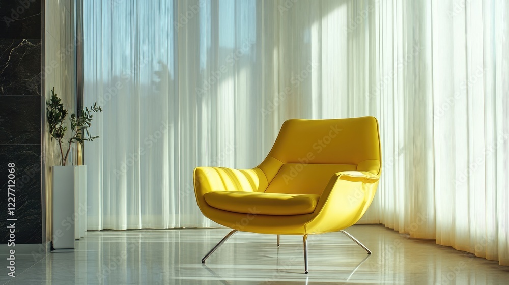 Poster minimalist lemon yellow armchair in bright living room with sheer curtains creating a spacious and i