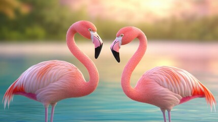 pair of flamingos standing gracefully in the shallow waters during sunset. 