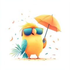 Fototapeta premium A vibrant cartoon parrot wearing sunglasses and holding a yellow umbrella, surrounded by colorful confetti, embodying a fun, festive atmosphere.