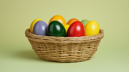 Naklejka premium Brightly colored Easter eggs arranged in a decorative wicker basket on a pastel background