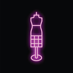 Bright pink neon sign showing a mannequin with a dress on a black background