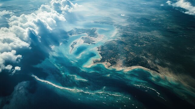Fototapeta Breathtaking aerial landscape showcasing vibrant ocean hues and cloud formations seen from an airplane window