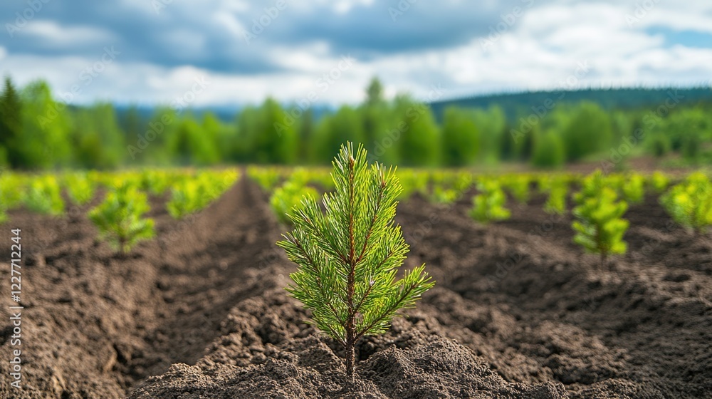 Poster freshly planted pine trees in rows showcasing a vibrant spring landscape with lush greenery and dram