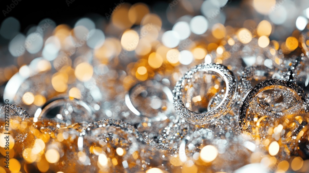 Poster silver and gold glittery bokeh background with sparkling circles for festive and celebratory themes