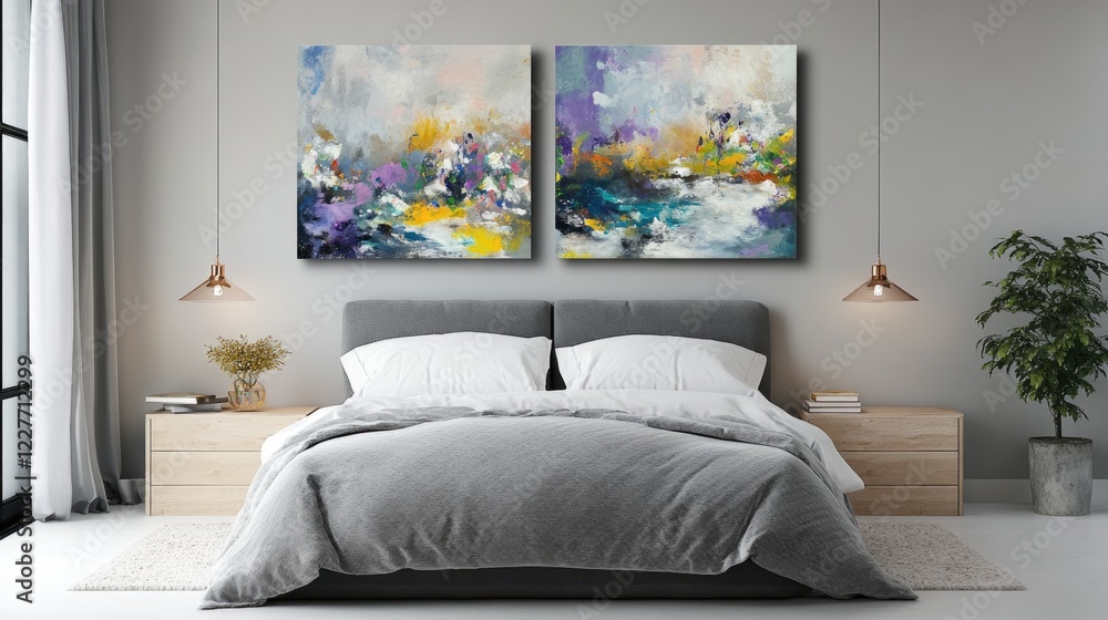 Aufkleber serene bedroom design with cozy bed and two colorful artworks creating an inviting atmosphere for re