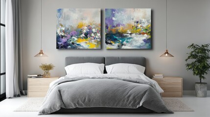 Serene bedroom design with cozy bed and two colorful artworks creating an inviting atmosphere for relaxation and comfort.