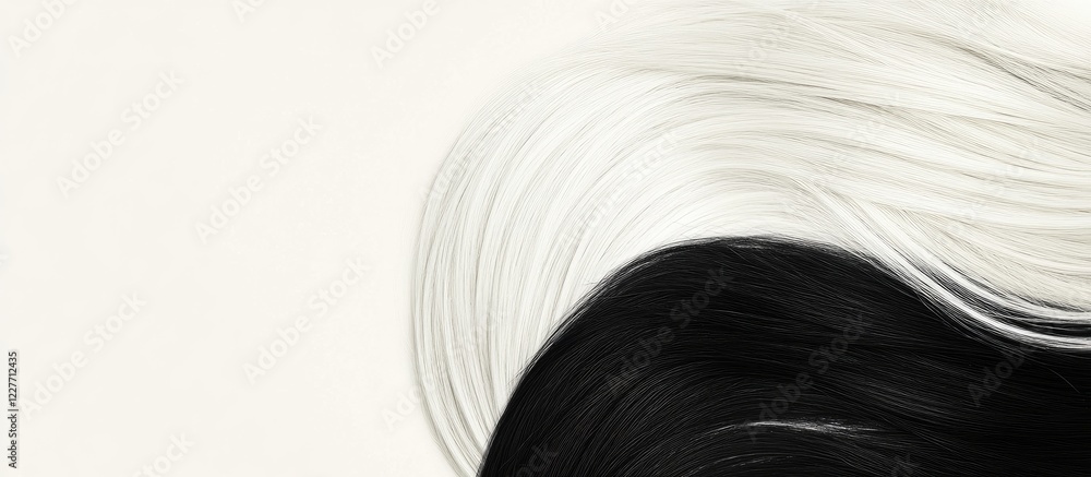 Poster contrasting black and white straight hair isolated on light background with ample copyspace for text