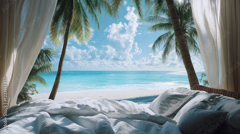 Poster Tropical beach view from a serene bedroom with palm trees and soft bedding creating a tranquil and inviting atmosphere.