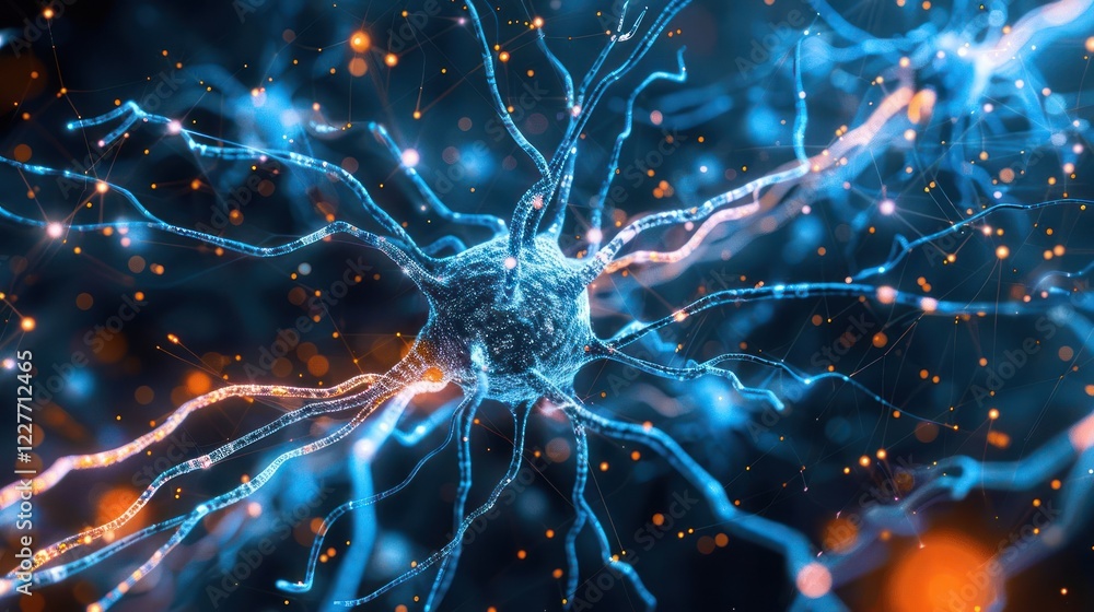 Poster close-up view of a neuron with glowing connections in a dark background, illustrating neural activit