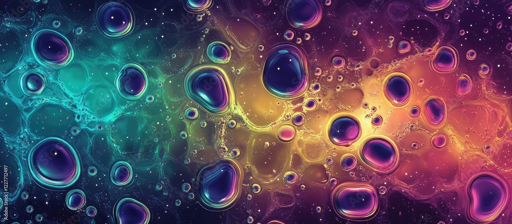 Poster vibrant abstract bubble background with glowing bubbles against a dark cosmic backdrop and ample spa