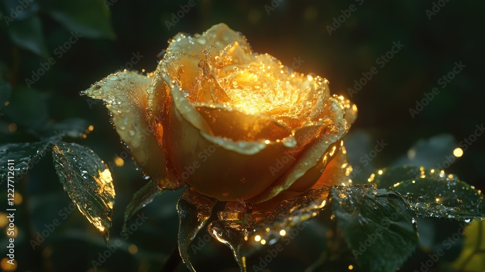 Poster illuminated rose with dew drops close-up capturing natural beauty and freshness in a serene garden s