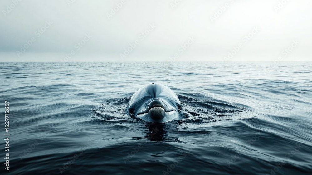 Aufkleber stunned dolphin emerging from calm water surface with large empty space for text above in serene oce