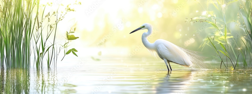 Aufkleber Elegant Egret Standing in Tranquil Water Surrounded by Reeds at Dawn with Sunlight Reflections and Ample Copy Space for Text