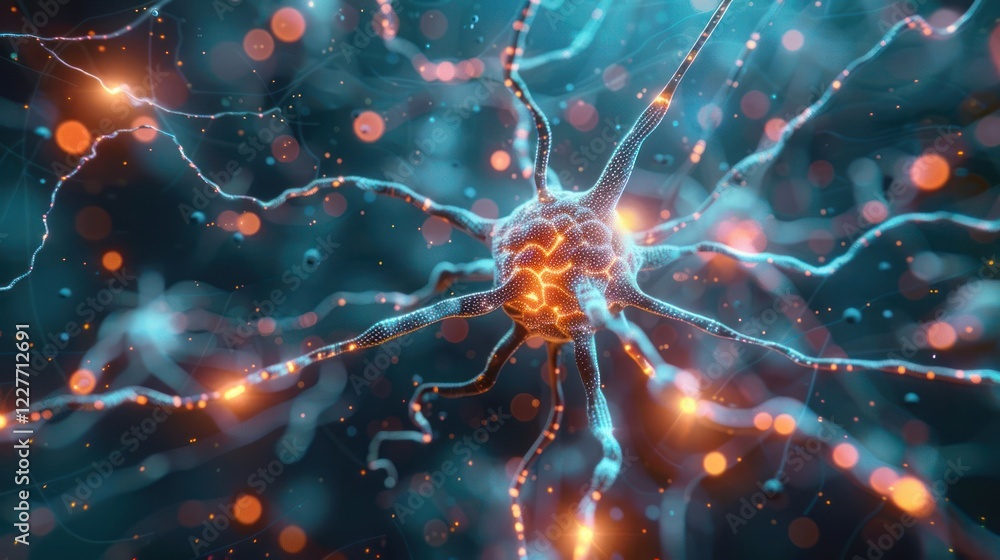 Poster abstract representation of a neuron with glowing connections in a vibrant digital environment