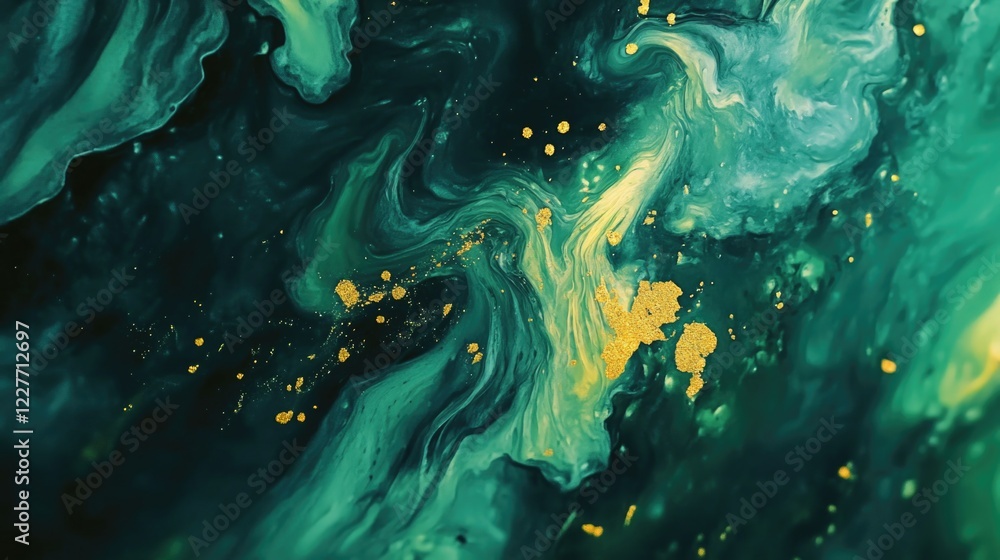 Poster vibrant abstract background with swirling green and gold marble patterns ideal for creative projects