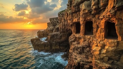 Dramatic eastern coastline with towering cliffs and cave windows at sunset reflecting on the ocean waves creating a picturesque seascape.