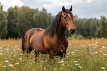 Fototapeta premium Brown horse stands in a field of wildflowers under a cloudy sky