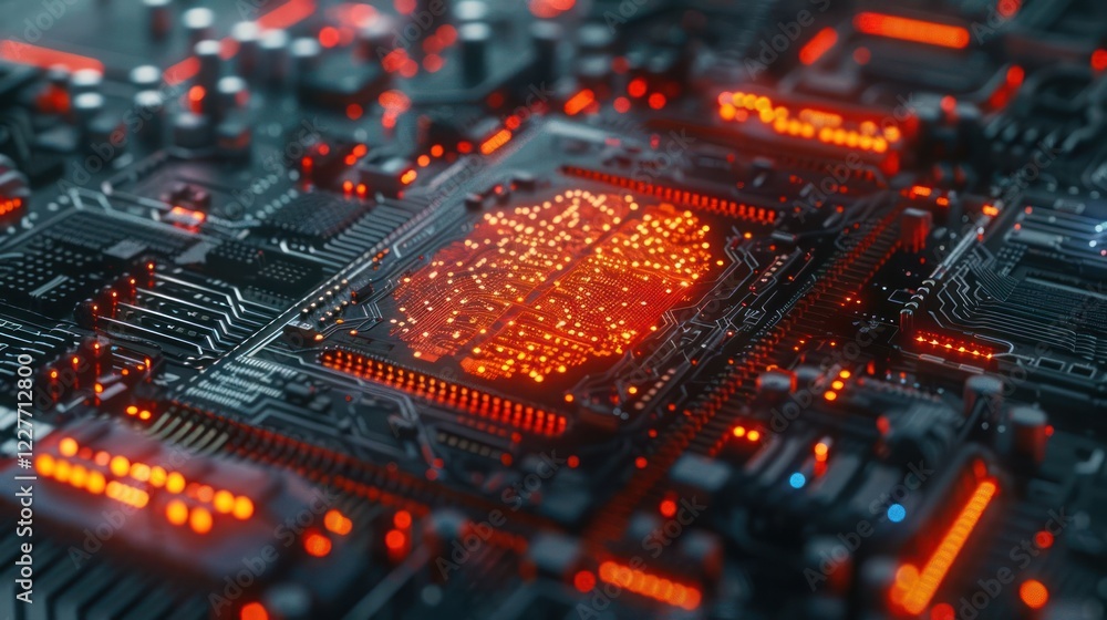 Poster close-up view of a futuristic circuit board with glowing red elements and intricate details