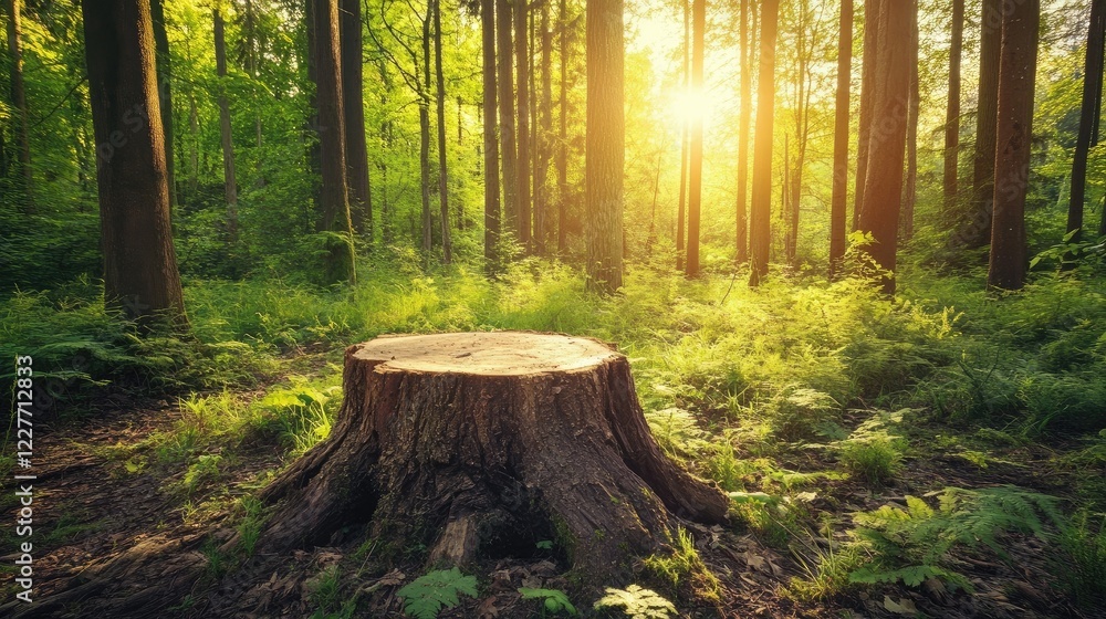 Poster deciduous forest scene featuring a large tree stump surrounded by tall trees and vibrant green folia