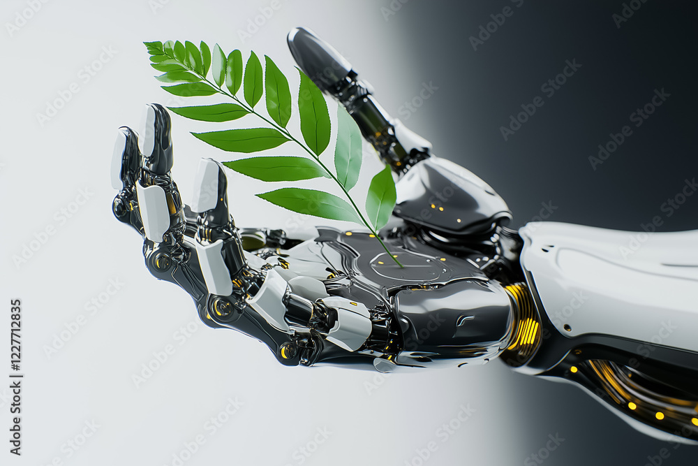Aufkleber a simple robotic arm gently grasps a single green leaf, illustrating the intersection of technology 