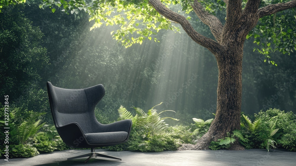 Poster Stylish chair amidst serene forest greenery with sunlight filtering through leaves creating a tranquil and inviting atmosphere