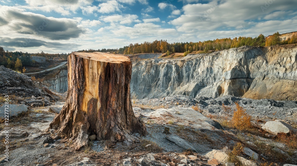 Poster panoramic view of a tree stump in a large quarry surrounded by rocky cliffs and autumn foliage under