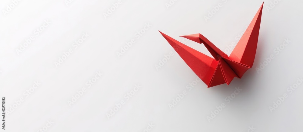 Aufkleber red japanese origami crane on a white background with ample negative space for creative text placeme