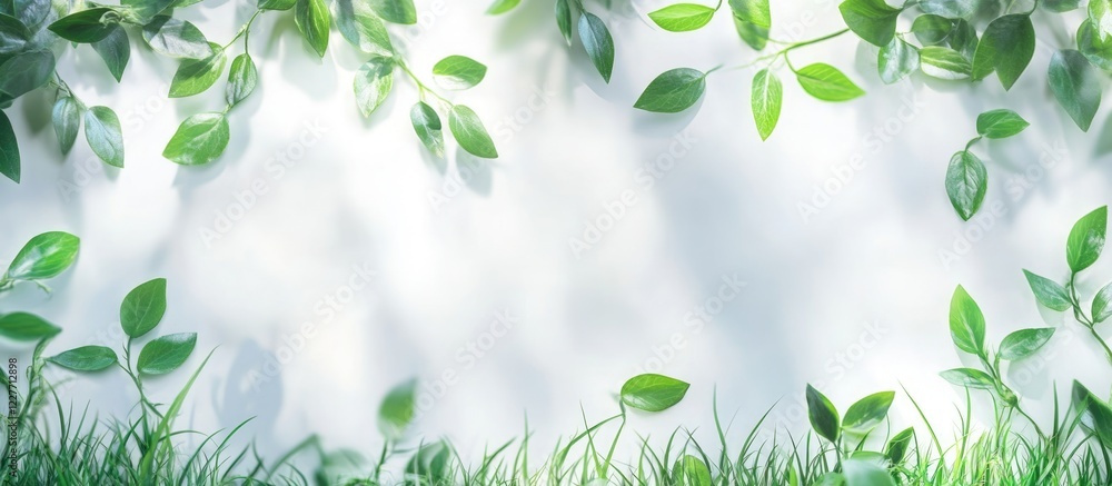 Poster top view of lush green leaves and grass roots showcasing photosynthesis with bright sunlight and amp