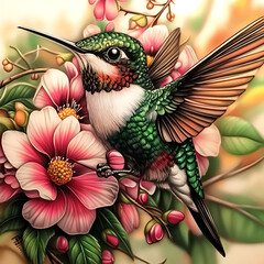 Obraz premium color realistic hummingbird on flowers