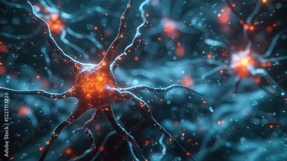 Poster close-up view of glowing neurons in a digital environment showcasing neural connections and activity